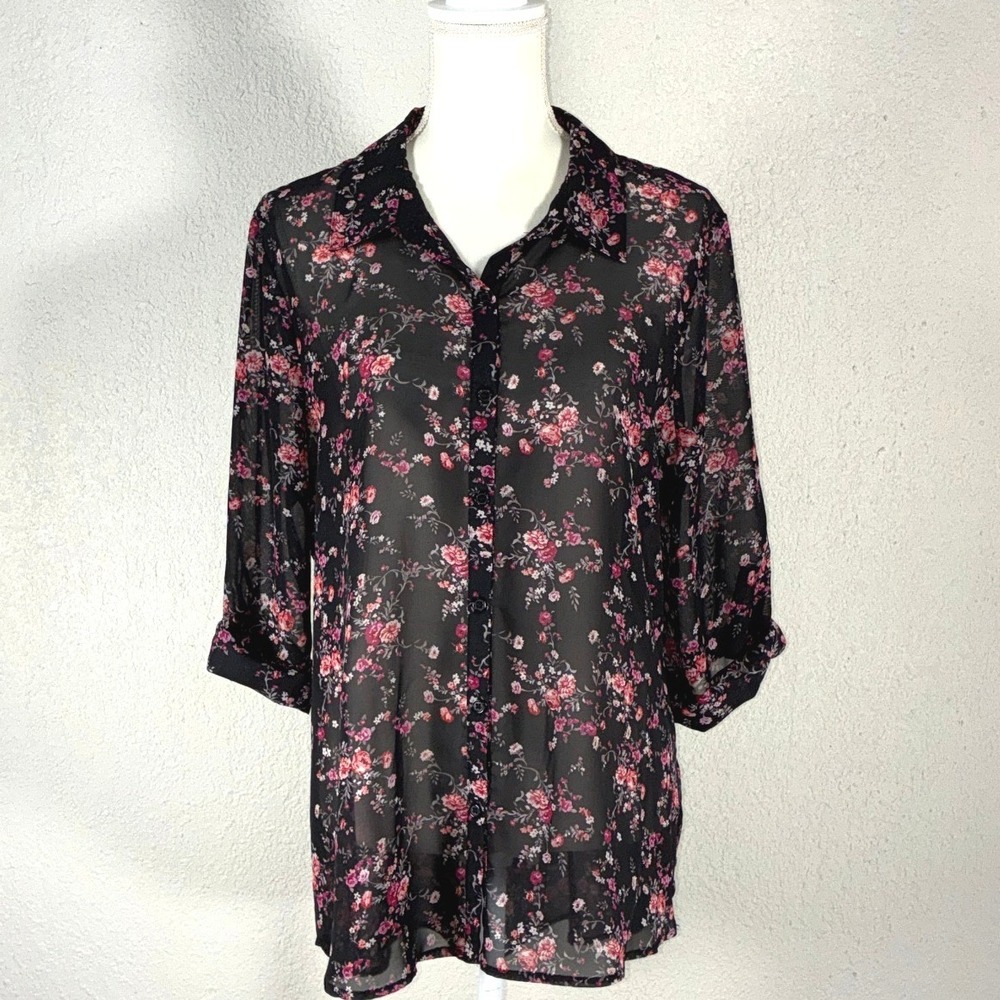 Socialite Womens XL Black Floral Sheer Chiffon Open Back‎ Button Down Blouse Top